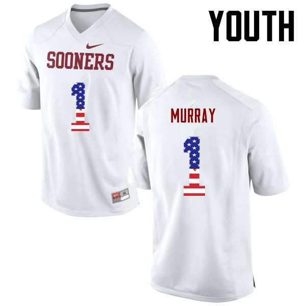 Youth Oklahoma Sooners #1 Kyler Murray College Football USA Flag Fashion Jerseys-White - Click Image to Close